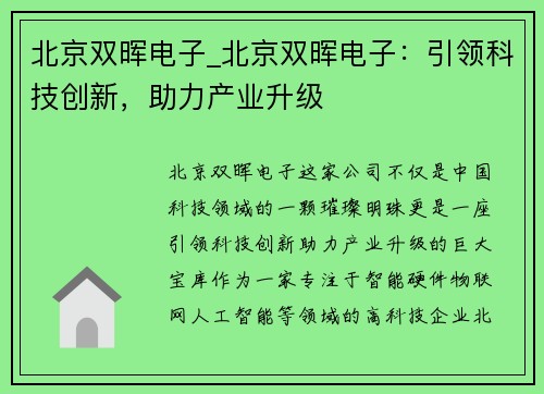 北京双晖电子_北京双晖电子：引领科技创新，助力产业升级